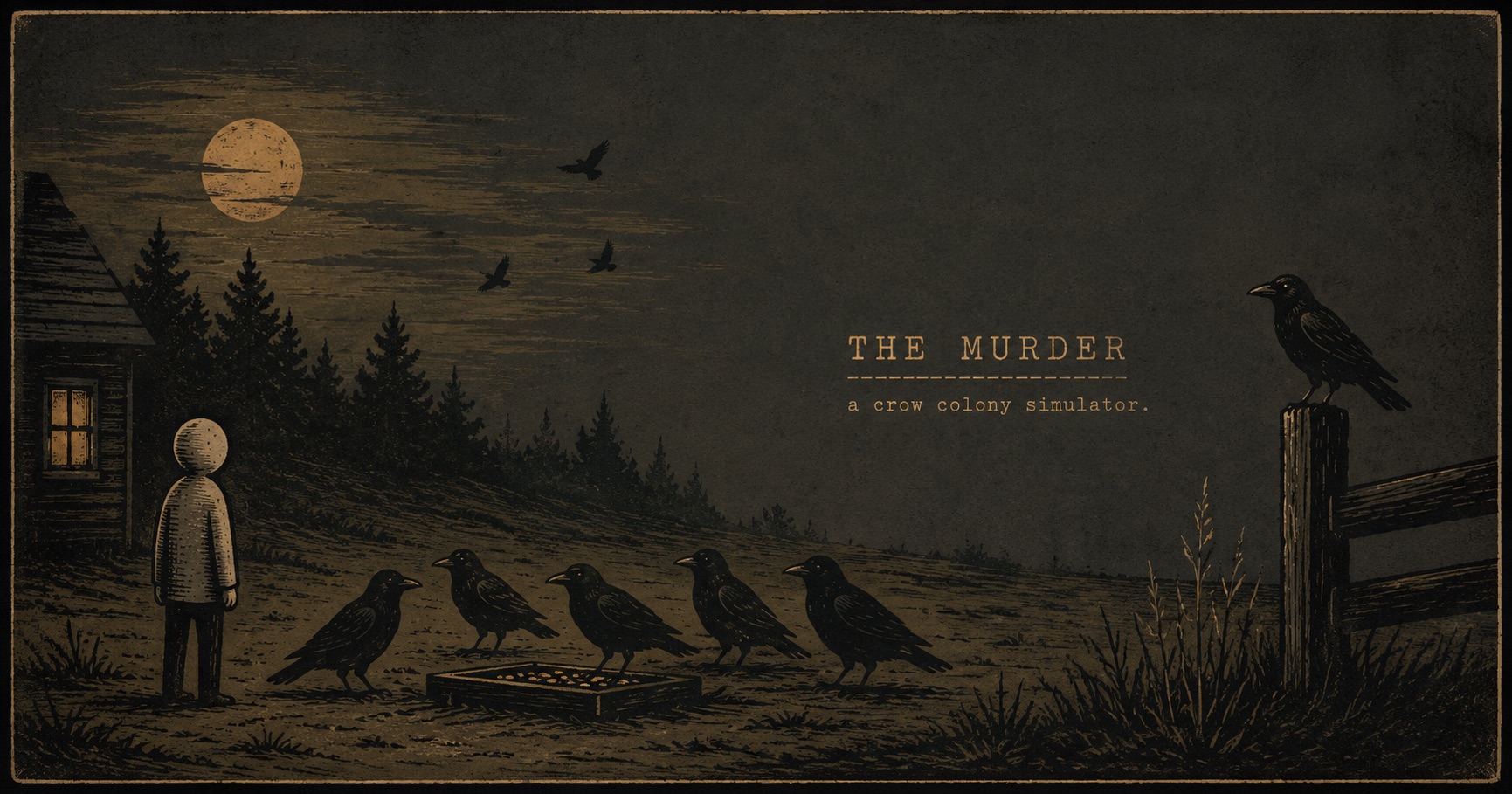 The Murder — a crow colony simulator. A moonlit field at night: a figure stands watching five crows feed from a tray, a lone crow perched on a fence post, a cabin and pines beneath a full moon.